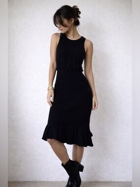 Ronny Kobo Black Knit Midi Dress Sleeveless Ruffle Hem Medium Minimalist Capsule